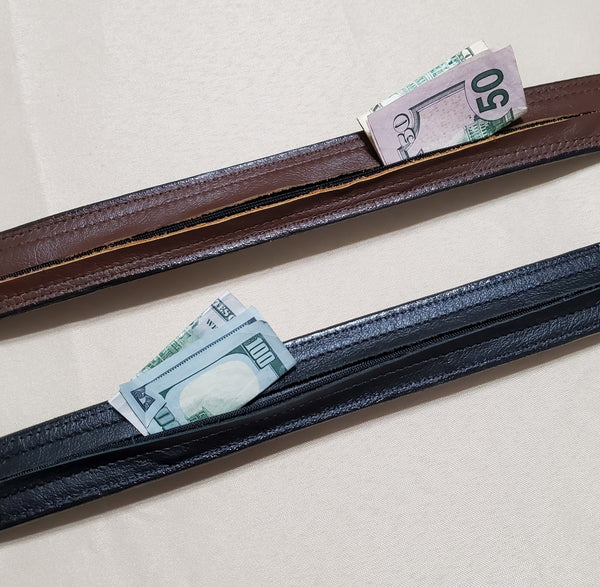 Men's Money Belt - Leather - Black/Brown - Size 28-50 - Lifetime Warranty