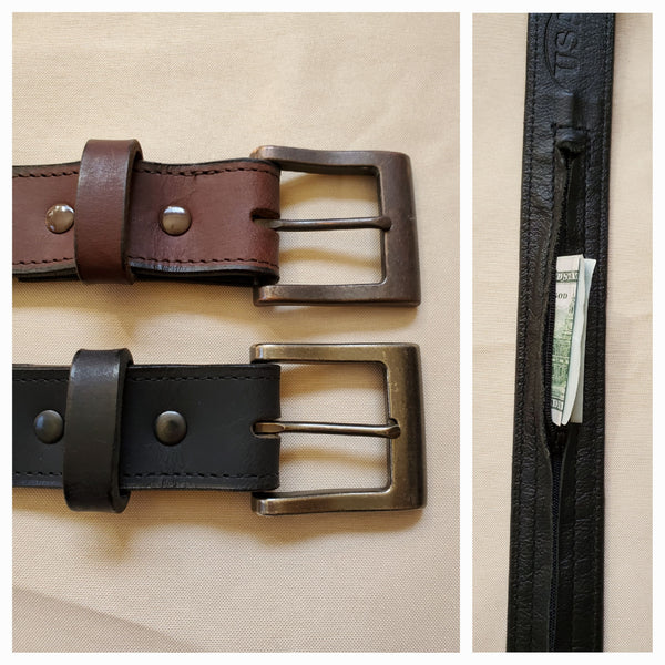 Men's Money Belt - Leather - Black/Brown - Size 28-50 - Lifetime Warranty