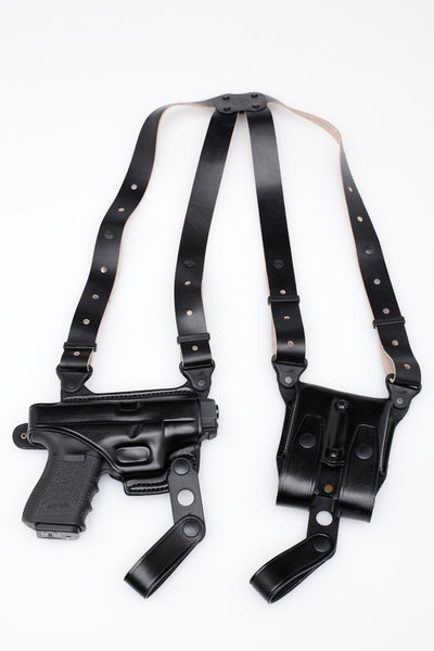 Shoulder Holster Set HORIZONTAL w/Double Mag Holder (XtraLong) - Leather - Black/Brown - RIGHT - Lifetime Warranty