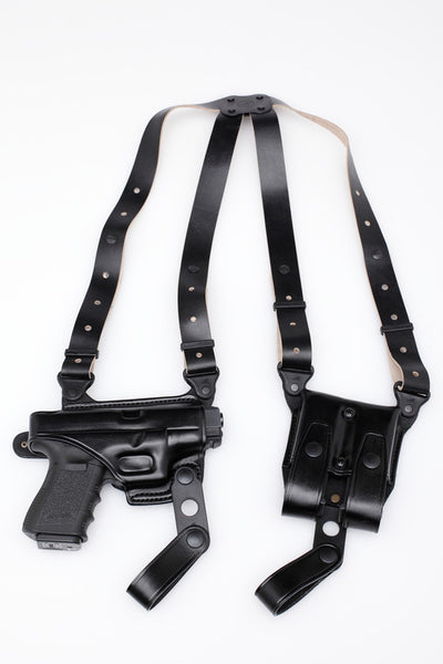 Shoulder Holster Set HORIZONTAL w/Double Mag Holder (XtraLong) - Leather - Black/Brown - RIGHT - FREE Shipping - Lifetime Warranty