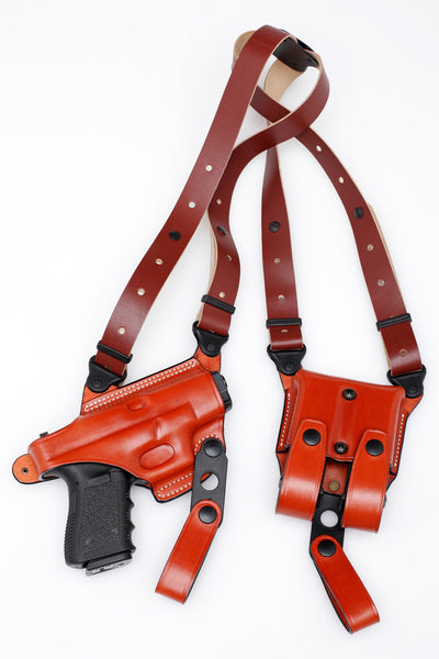 Shoulder Holster Set HORIZONTAL w/Double Mag Holder (XtraLong) - Leather - Black/Brown - RIGHT - Lifetime Warranty
