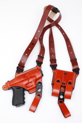 Shoulder Holster Set HORIZONTAL w/Double Mag Holder (XtraLong) - Leather - Black/Brown - LEFT - Lifetime Warranty