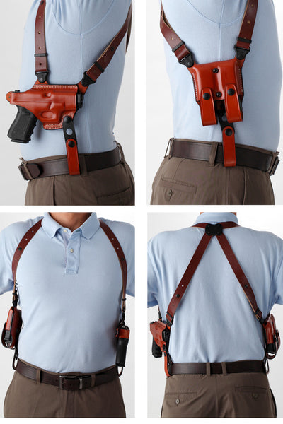 Shoulder Holster Set HORIZONTAL w/Double Mag Holder (XtraLong) - Leather - Black/Brown - RIGHT - Lifetime Warranty